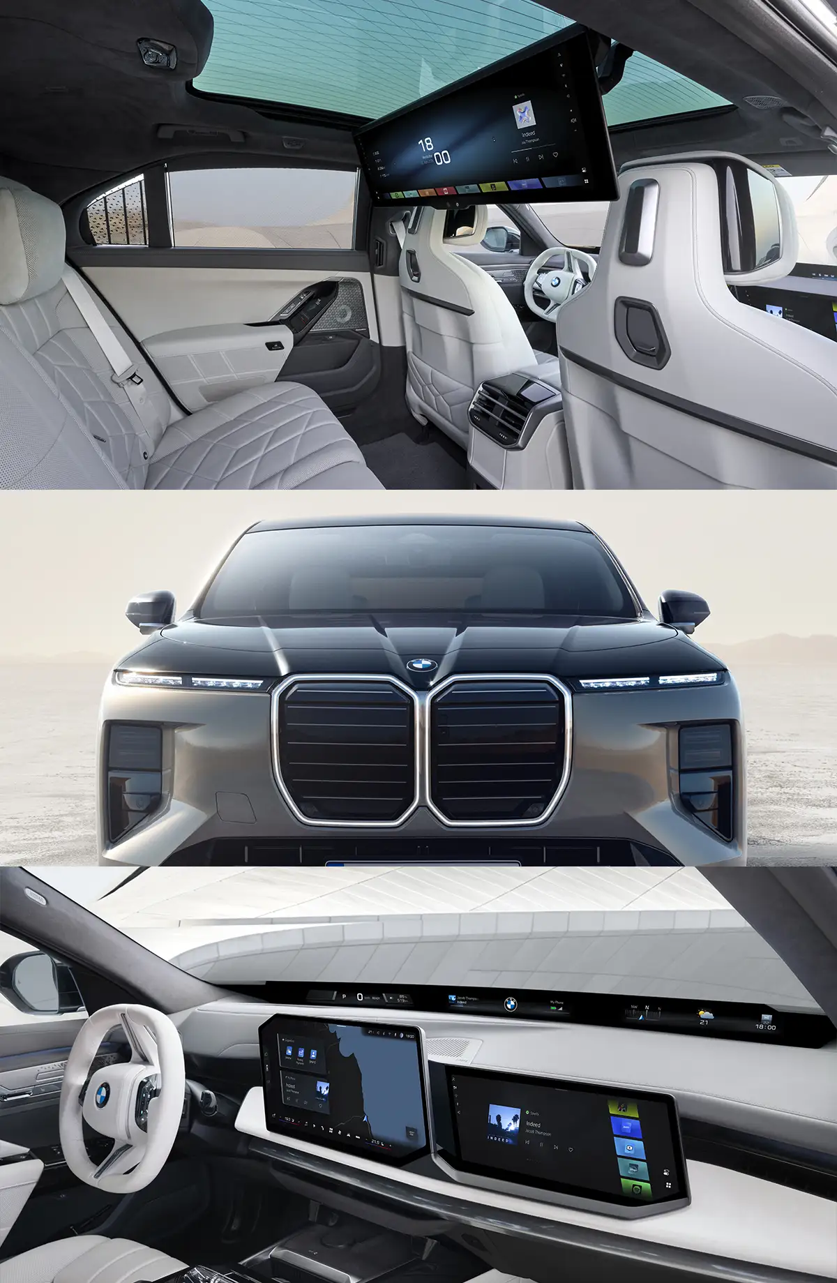 BMW Serie 7: el sedán de lujo que marca el futuro BMW Serie 7 interior trasero con Theatre Screen, frontal con parrilla Iconic Glow y salpicadero con Panoramic iDrive
