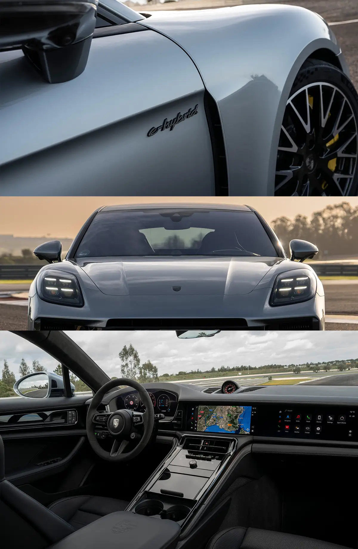 Porsche Panamera Turbo E-Hybrid: cuando el lujo se conduce a 316 km/h Porsche Panamera Turbo E-Hybrid detalle e-hybrid, frontal en circuito e interior con PCM