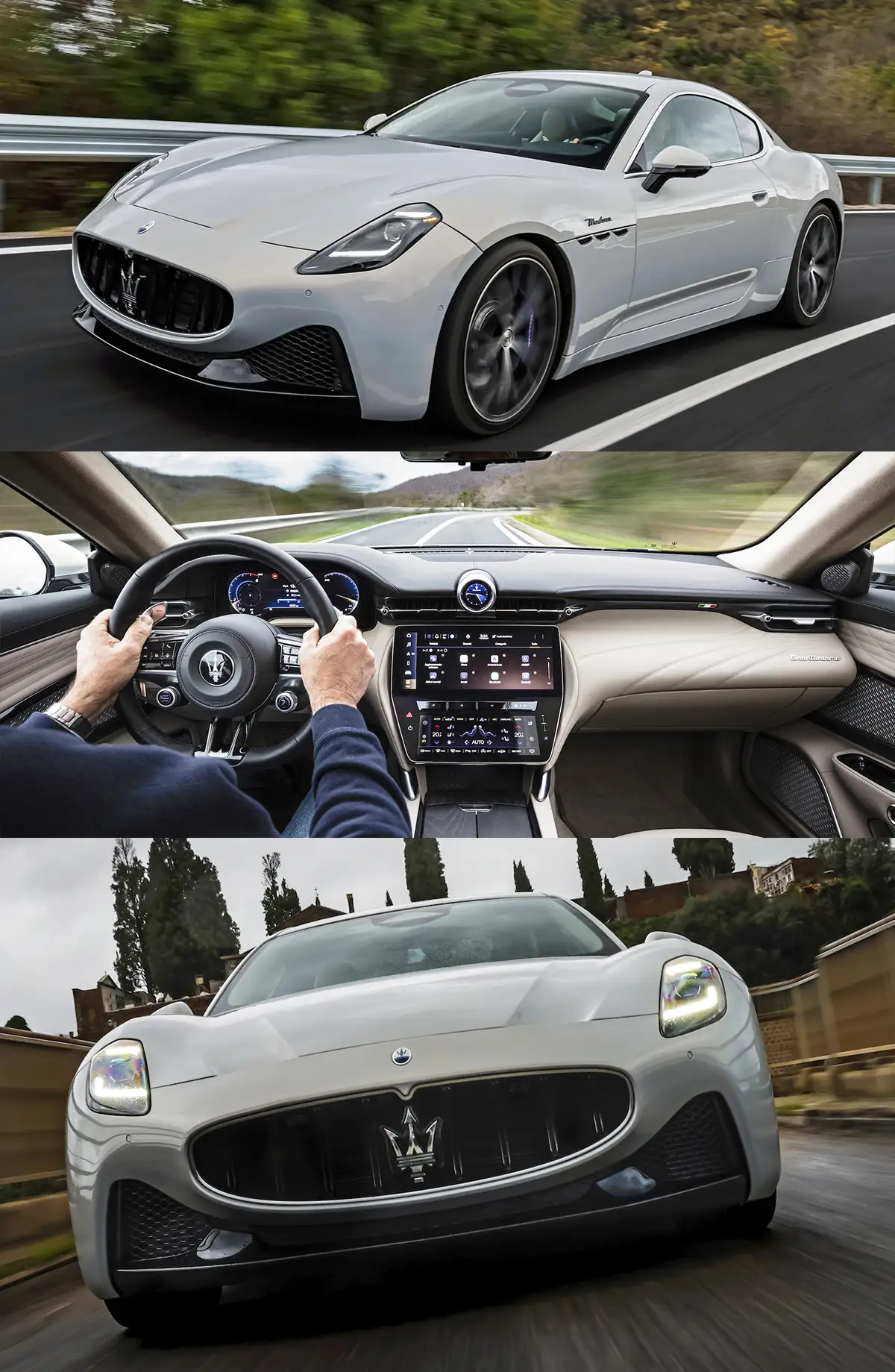 Maserati GranTurismo Modena: el arte italiano de conducir deprisa y con elegancia Maserati GranTurismo Modena en movimiento, salpicadero y vista frontal